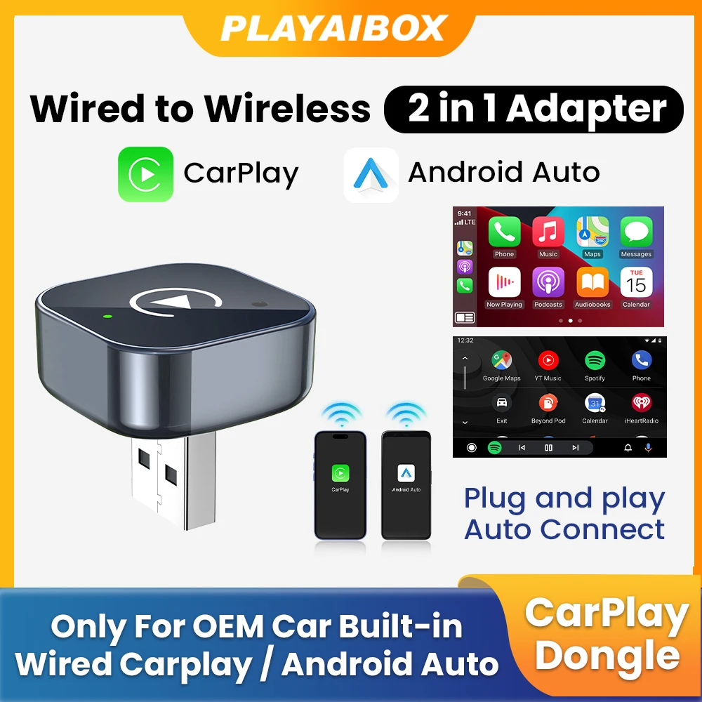 

Беспроводной адаптер Carplay Android Auto Smart Dongle 2in1 2,4G и 5,8 ГГц WiFi BT Auto Connect Plug & Play для проводов AA CP