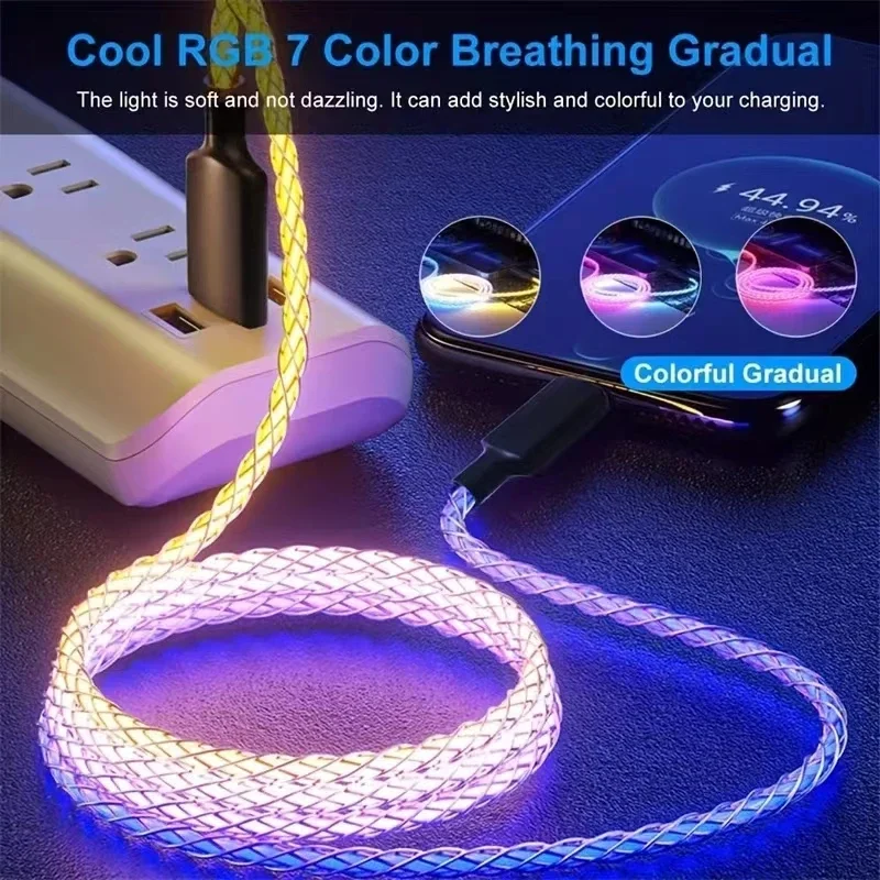 7A Fast Charging Data Cable RGB Light Cable 120W USB Type C For Iphone14 15 Xiaomi K50 Samsung Huawei OPPO Phone USB Charge Cord