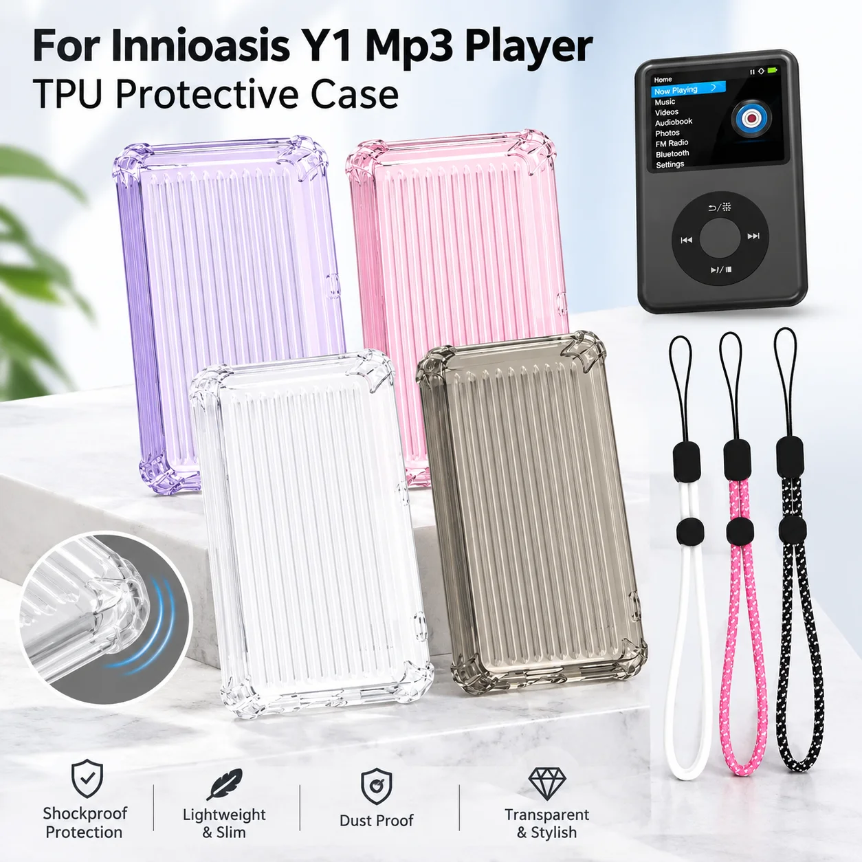 Clear TPU Protective Case For Innioasis Y1 MP3 Player Shockproof Soft Shell Cover With Reinforced Corners Hand Strap