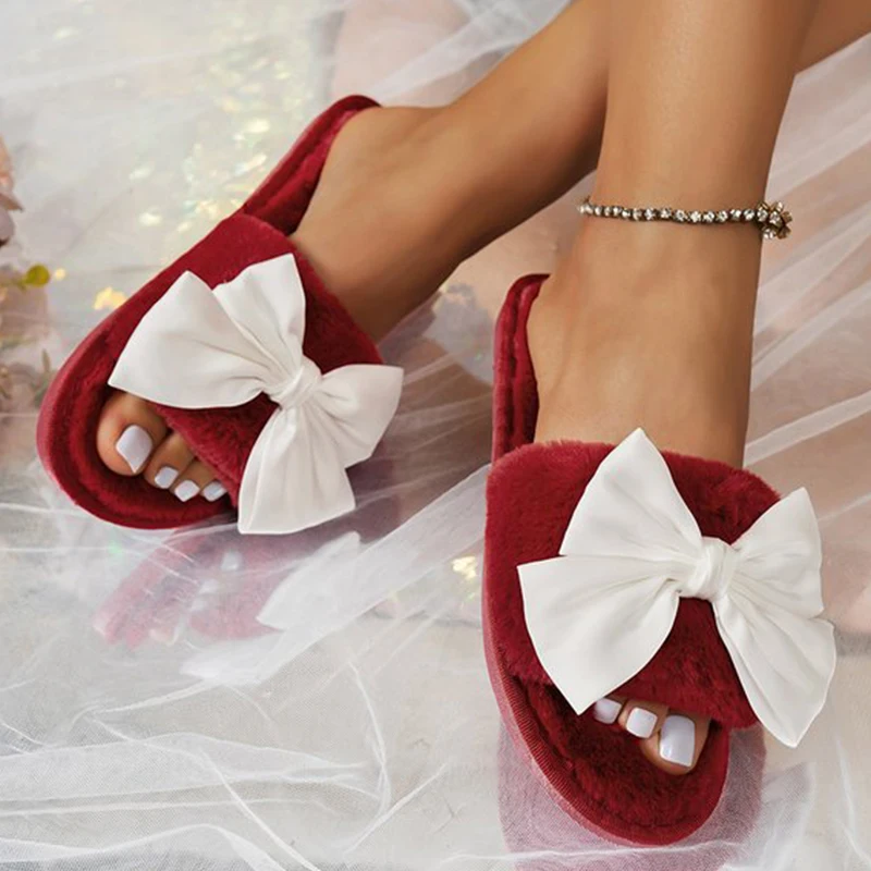 

Elegant Bowknot Women's Home Slippers Open Toe Fuzzy Fur Slippers Woman Outdoor Lightweight Flat Heel Plush Slides Women Winter