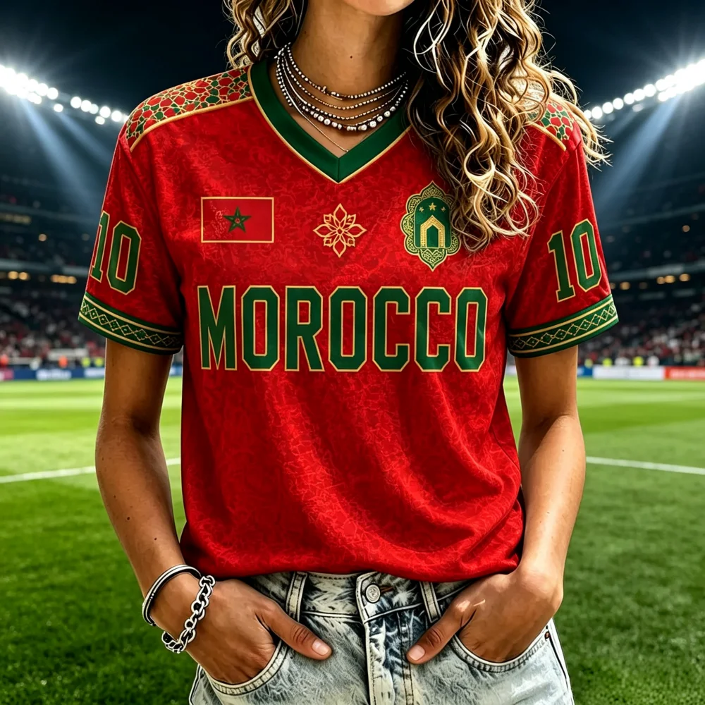 New Women Morocco Red Ethnic Pattern Football Jersey 3D Printed Fashion V‑Neck Short Sleeve Fan Sports Casual Family Kids Tees