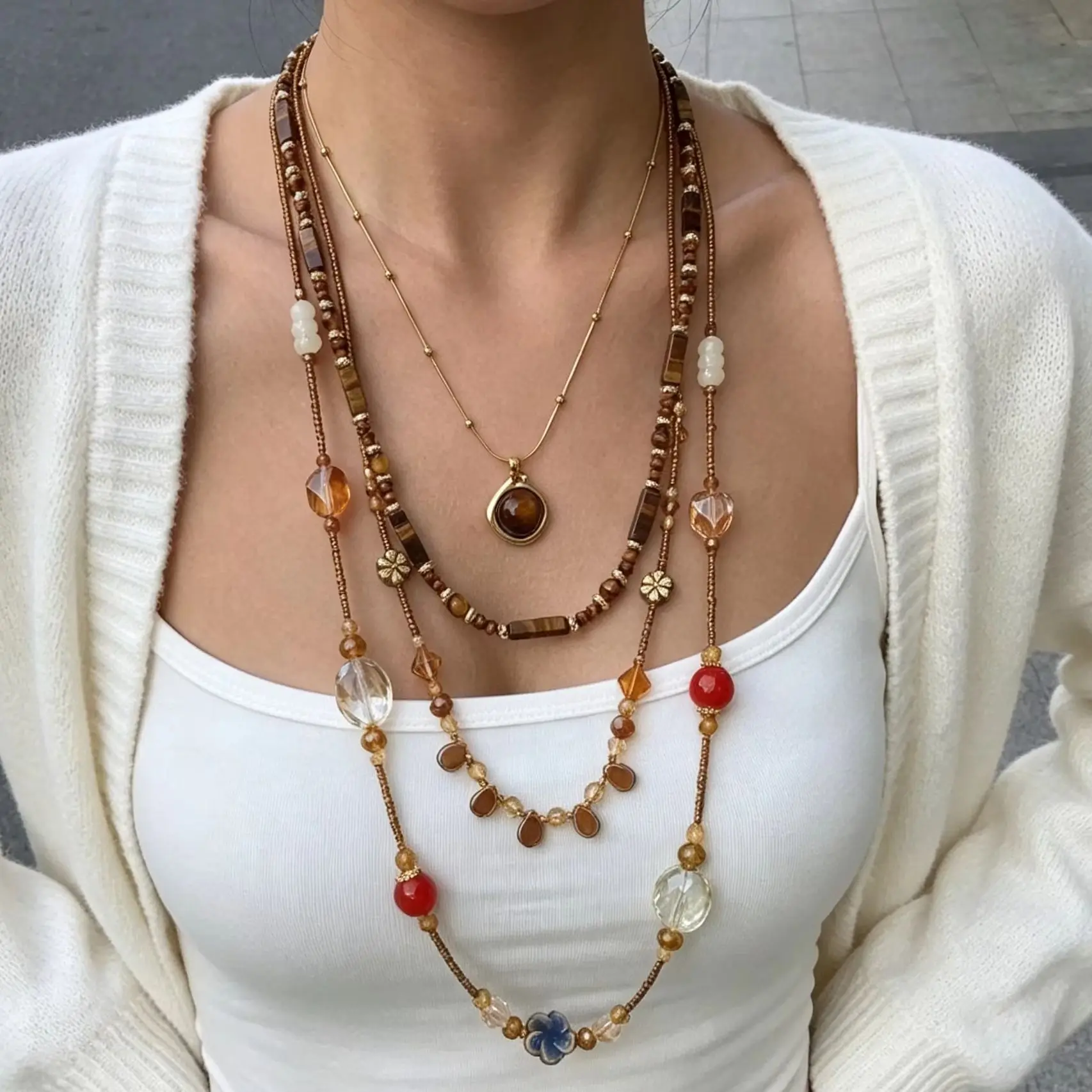 Bohemian Vintage Beaded Long Multi-Layer Necklace Set for Women Ethnic Tiger Eye Stone Crystal Stainless Steel Chain Jewelry