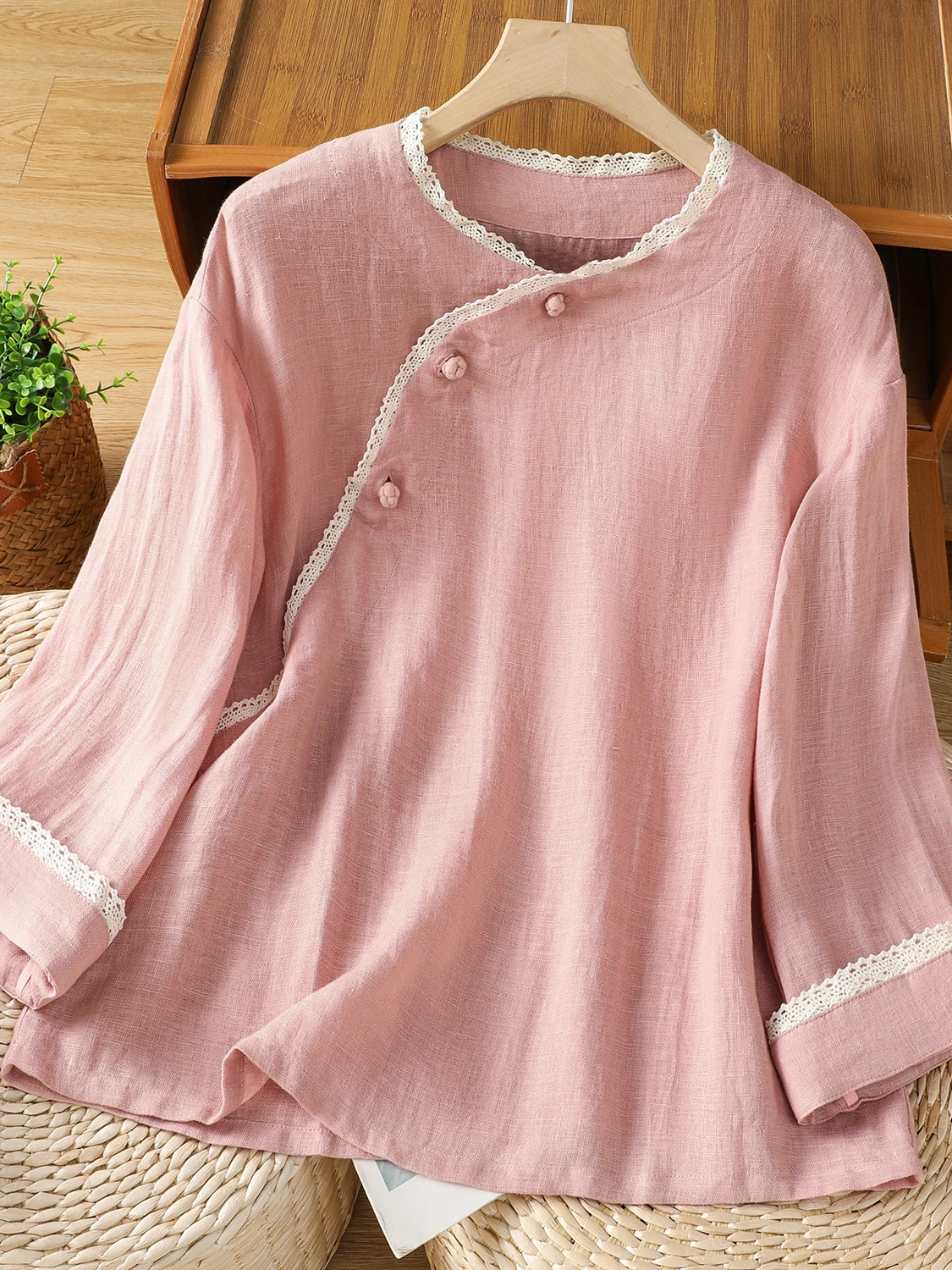 Nuevo 2025 chino Sle encaje empalme algodón Lino largo Sve irt mujer de talla grande botón inclinado traje de té Top