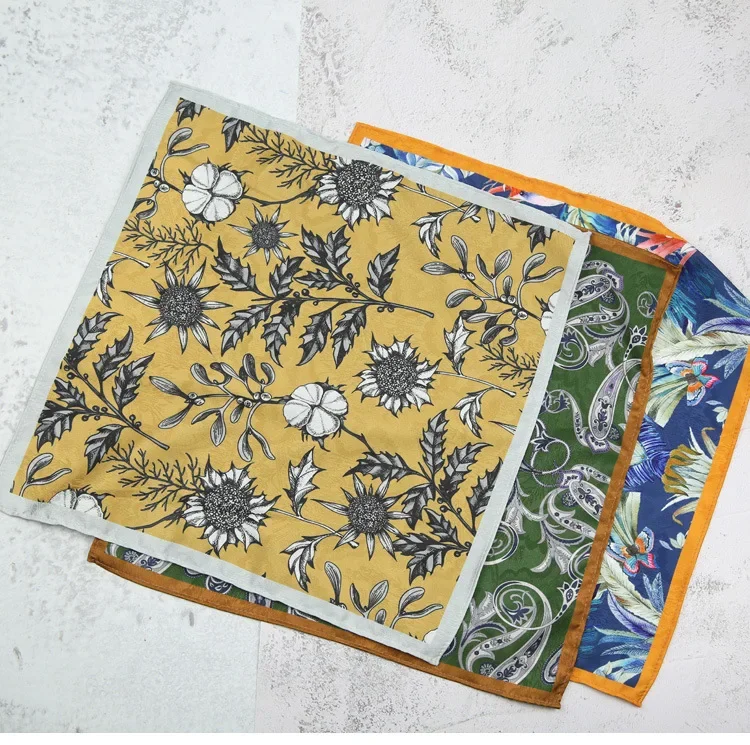 High-end British Exotic Style 33CM Large Pocket Square Soft Single Sided Floral Hanky Fit Man Dinner Party Casual Handkerchief