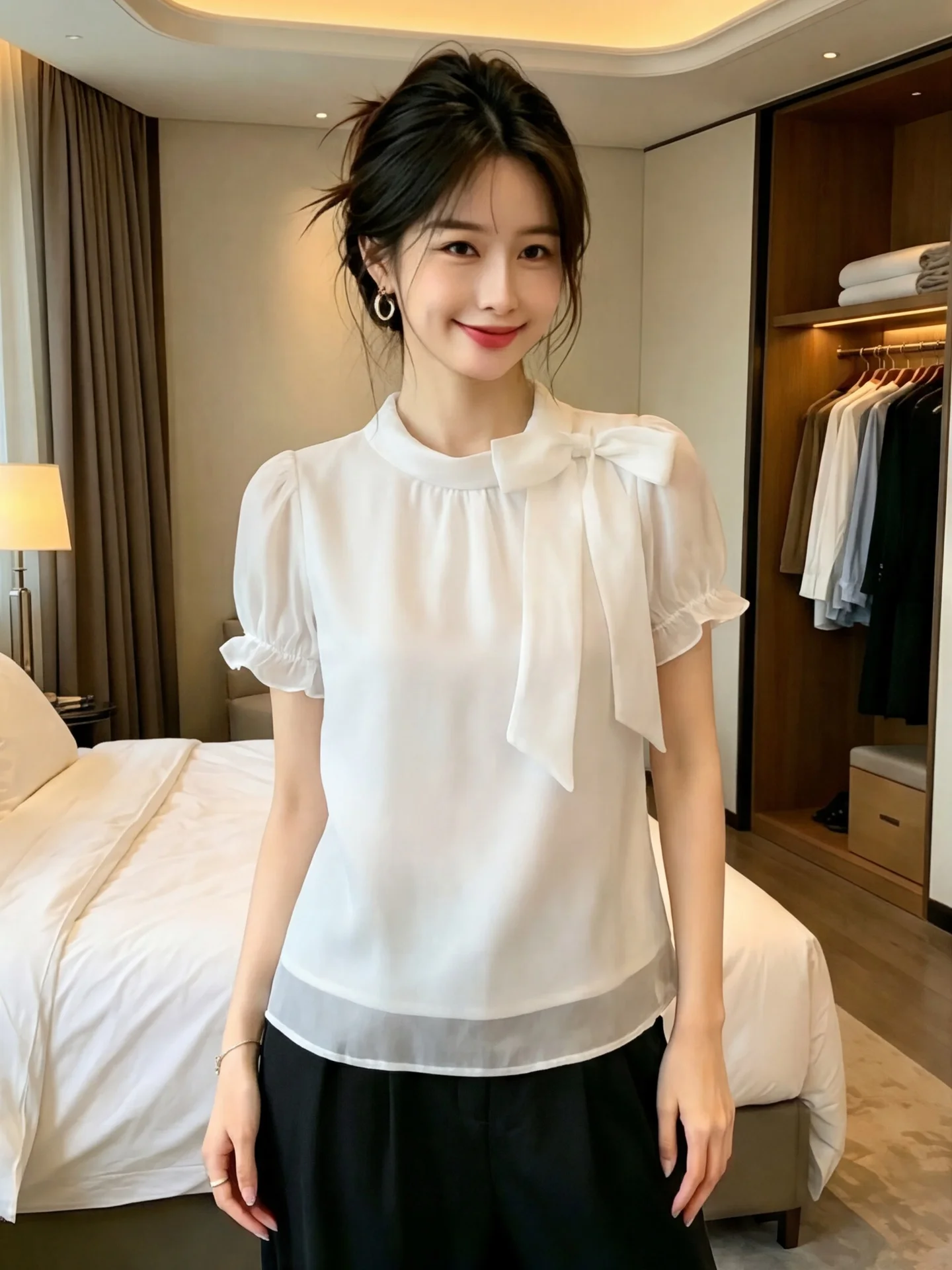 

Korean Style round Neck Chiffon Shirt Women Summer New Knot Belt Bubble Sleeve Top Elegant Feel Commute Style Loose...
