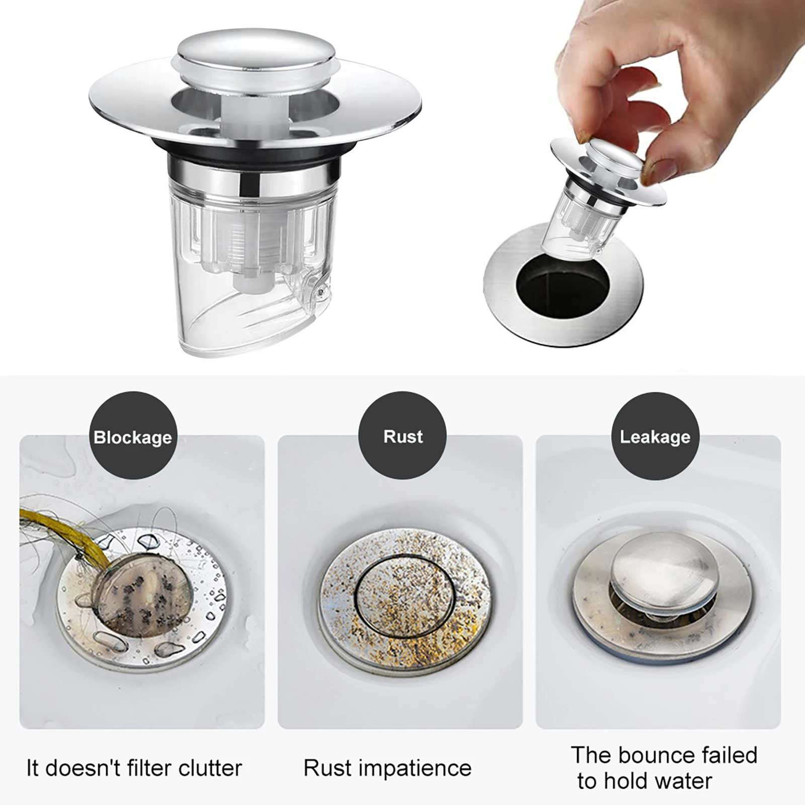 Bounce Drain Filter Pop Up Drain Stopper Push Type Drain Plug for Wash Basin Kitchen Bathroom Accessories for Shower