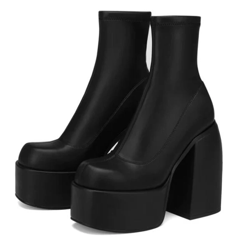 Stretch Punk Style Chunky Platform Ankle Boots For Women Autumn Winter High Heels Gothic Booties Shoes Ladies Black Bottine