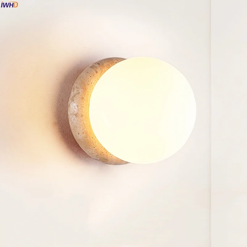 

IWHD Nordic Modern LED Wall Sconce Lamp White Glass Yellow Travertine Bedroom Decor Bathroom Mirror Stair Lights Aplique Pared