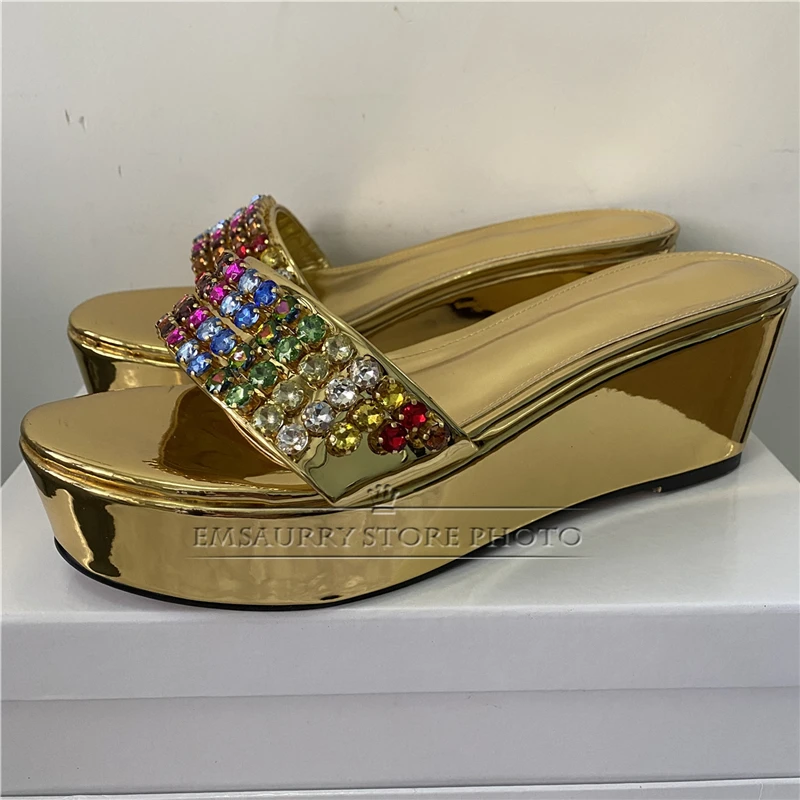 Colorful Rhinestone Band Women Sandals Luxury Patent Leather High Platform Wedges Slingbacks Summer Mules