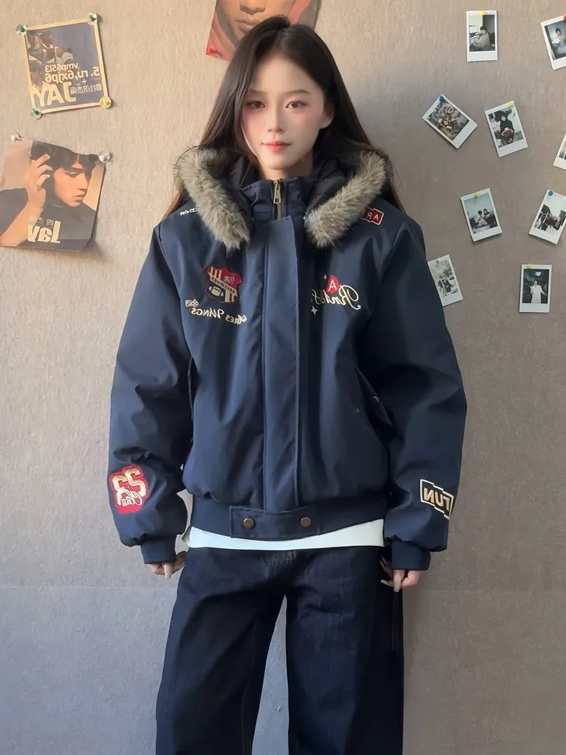 

Ретро-куртка в американском стиле: мужская модная хлопковая куртка с вышивкой, меховым воротником и капюшоном, теплая зимняя верхняя одежда