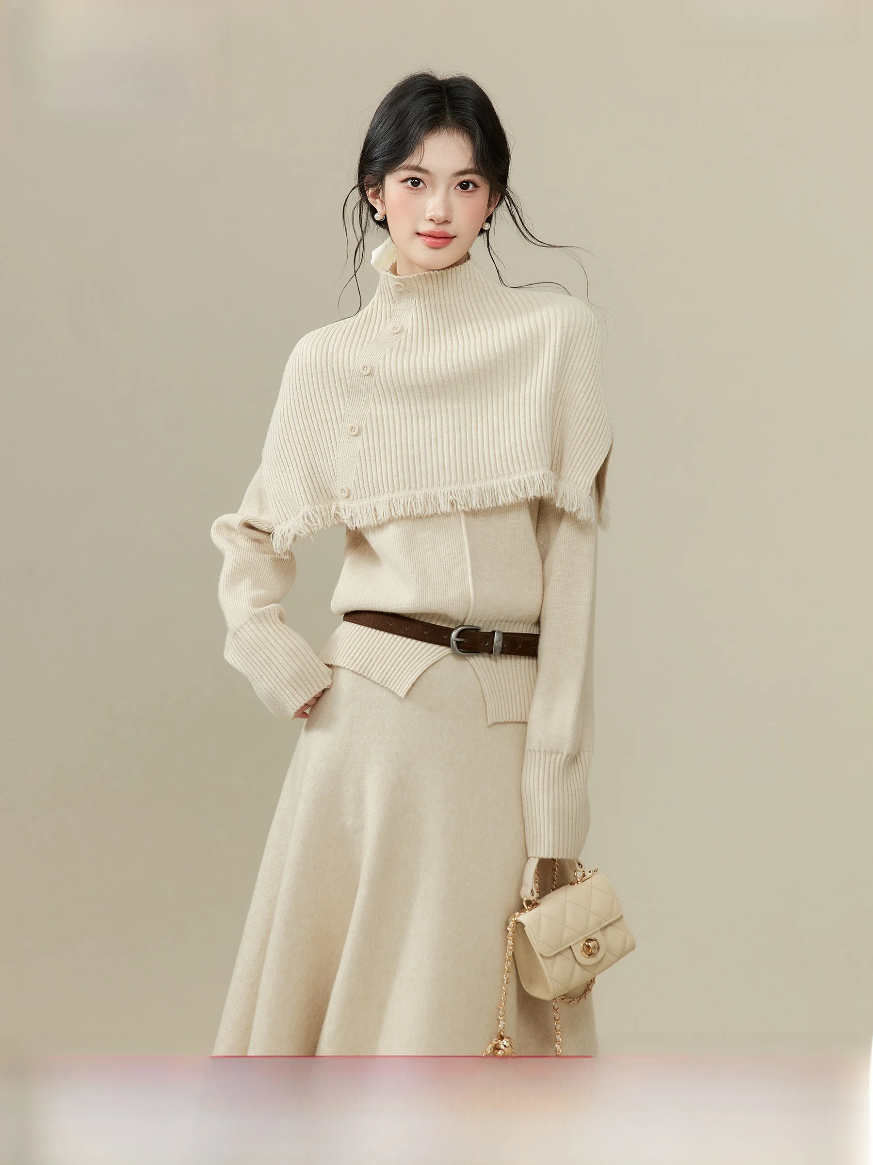 

Мягкий вязаный свитер с бахромой, удлиненный, облегающий, базовый комплект из двух предметов для женщин, теплый, тонкий, зимний, повседневный стиль