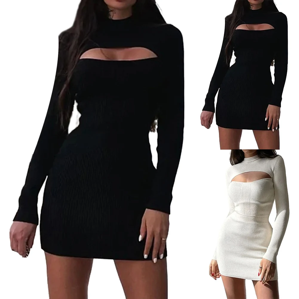 Fashionable Long Sleeve Knitted Dress  Sexy Hollow Pattern  Ribbed Texture  Solid Color  Comfortable and Skin friendly S L Sizes