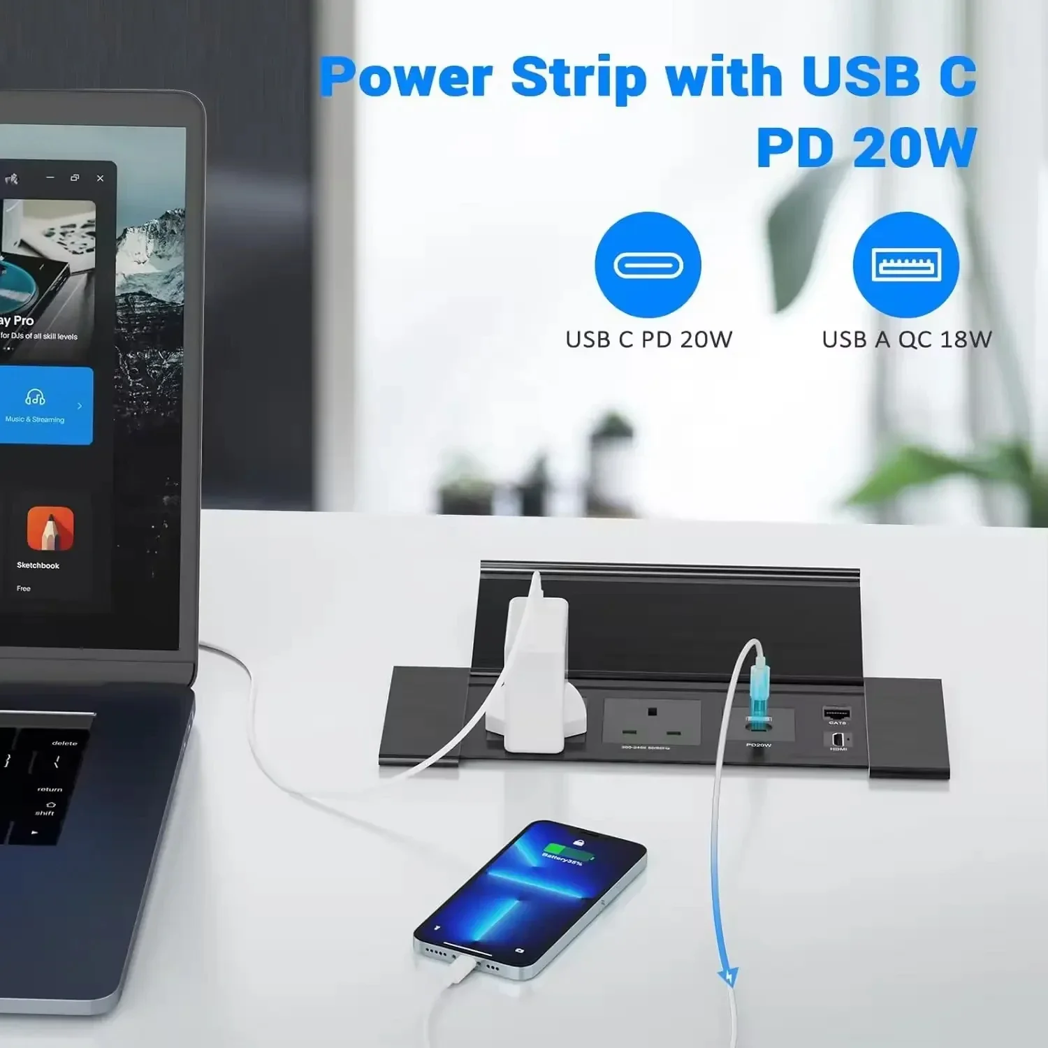 Stopkontak Listrik Inggris Tersembunyi dengan Penutup Lipat, Tempat Kabel di Meja dengan Port Pengisian Daya USB-C PD 18W untuk Rumah Kantor Pabrik