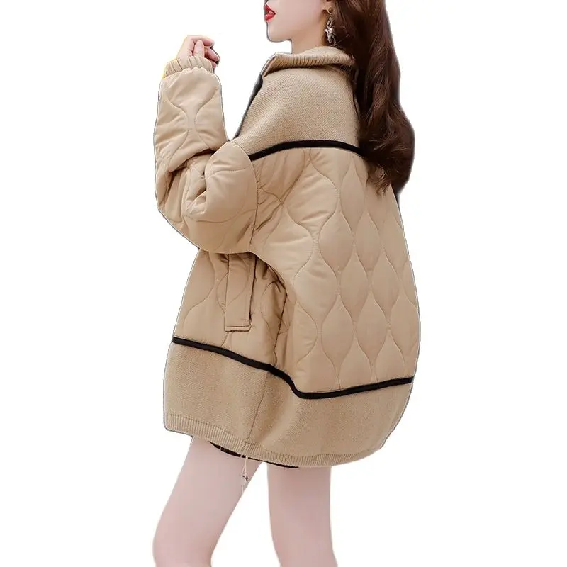 

Women's Color Contrast Stitching Loose Cardigan Sweater Coat Autumn Winter New Stand Collar Jacket