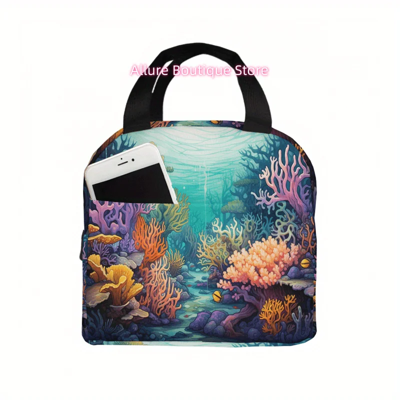 1pc 2D Printing Leaf Pattern on Light Background Portable Insulated Lunch Bag, Reusable Large-Capacity Picnic Box, Waterproof Ha