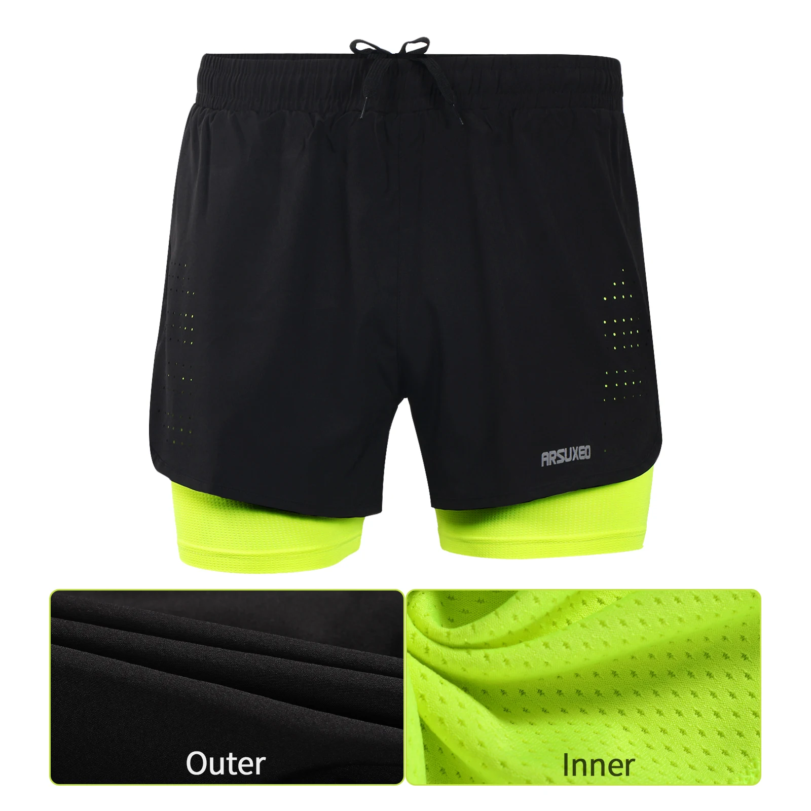 ARSUXEO-pantalones cortos para correr para hombre, para deportes al aire libre, ejercicio, trotar, gimnasio, Fitness, 2 en 1, con forro más largo,