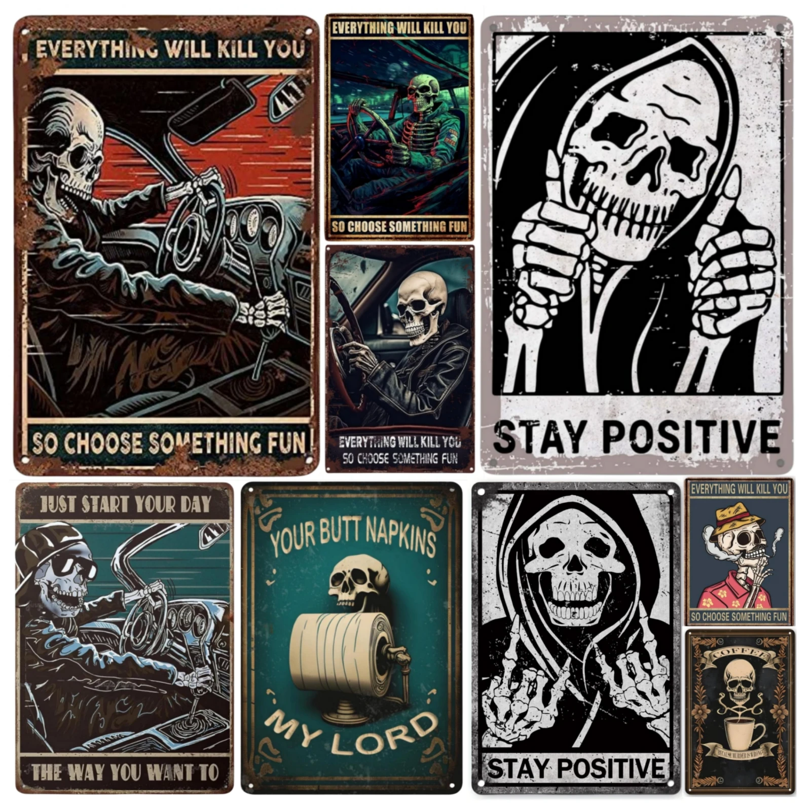 تين تسجيل الهيكل العظمي سباق السيارات مضحك الجدة علامة معدنية الرجعية جدار ديكور للمنزل بوابة حديقة الحانات المطاعم المقاهي مخزن الحانات