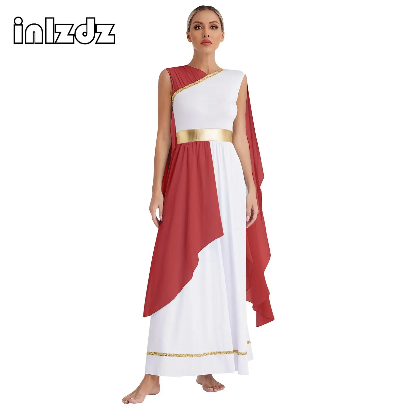 

Womens Halloween Greek Beaty Cosplay Dress Chiffon Cap Sleeve Gold Trims Ancient Toga Greece Roman Queen Dress Up Costumes