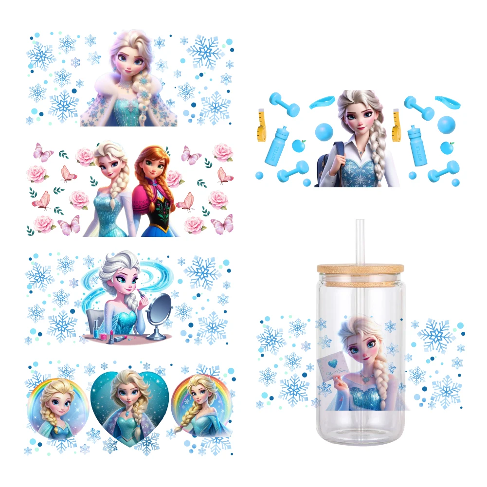 Disney Princess Frozen Elsa and Anna For Libbey 16oz Can Glass 3D Waterproof UV DTF Coffee Can Wrap Libbey Glass Wrap