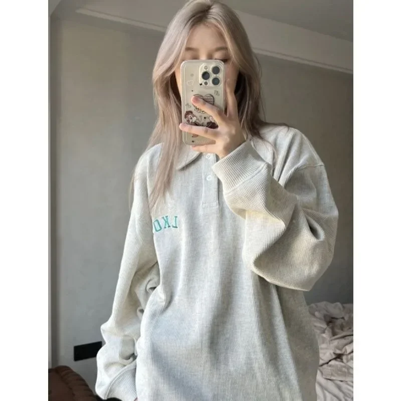 Autumn Polo Shirt for WomenLong Sleeved Original StyleLoose Fitting Student LapelVersatile KoreanVersion of Hoodie Upper Garment