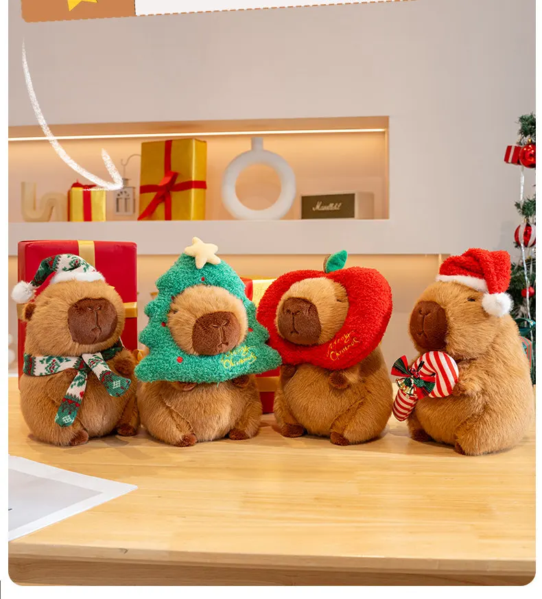 25CM Kawaii Navidad Capybara juguetes de peluche muñeca Capybara con manzana roja árbol verde decoración de dulces regalo de cumpleaños de Navidad para niños