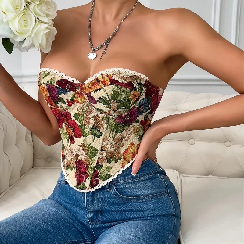 Abrini Y2K Street Sleeveless Bare Shoulder Crop Top Sexy Lace Embroidery Floral Backless Strapless Bandage Vest Fishbone Corset