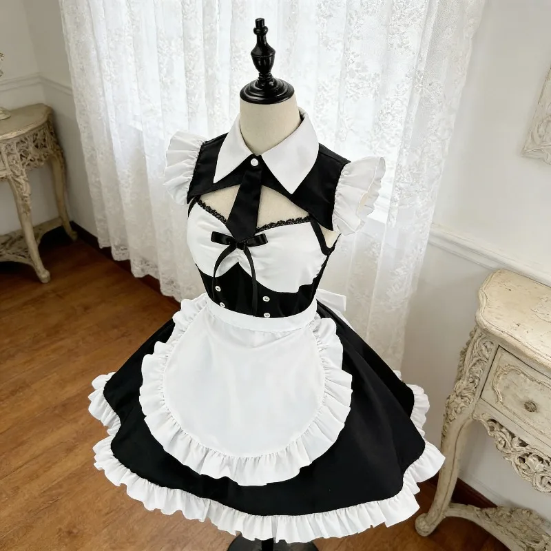 

Amine Japanese Maid Cosplay Costume Black Lolita Kawaii French Sexy Backless Dress Unifrom Woman Party Clothes Plus Size S-5XL