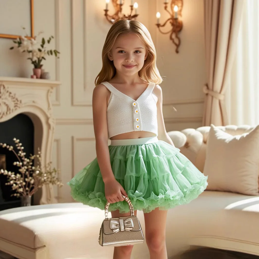 

Юбка-пачка для девочек, костюм из Европы, США, новый летний сезон 2025, платье для девочек от 4 до 6 лет, вязаный жилет с цветами + милая юбка принцессы