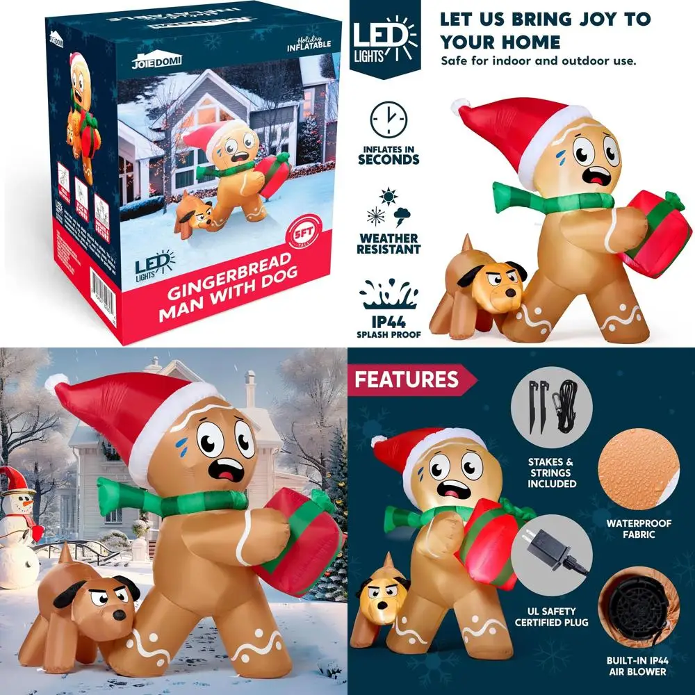 

Illuminated Gingerbread Man & Dog Christmas Inflatable, Outdoor Holiday Lawn Decoration with LED Lights