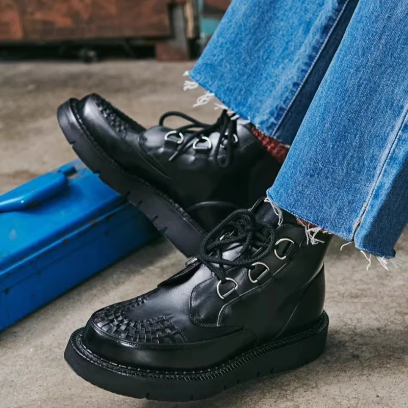 Rock Style Round Toe Derby Shoes for Men's German Retro Calf Leather Woven Hand Sewn Thick Sole Customized High-top Casual Shoes