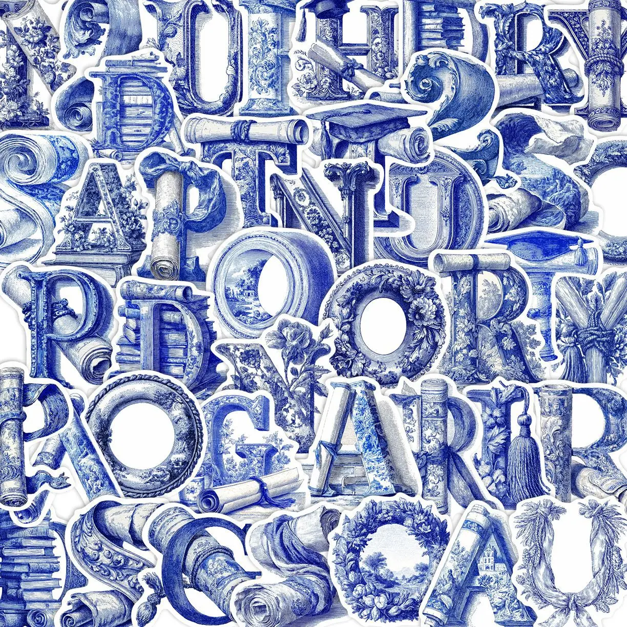 

53pcs Blue And White Porcelain Alphabet Graffiti Stickers Diy Decals For Phone Laptop Ipad Glasses Case Notebook Thermos Decor