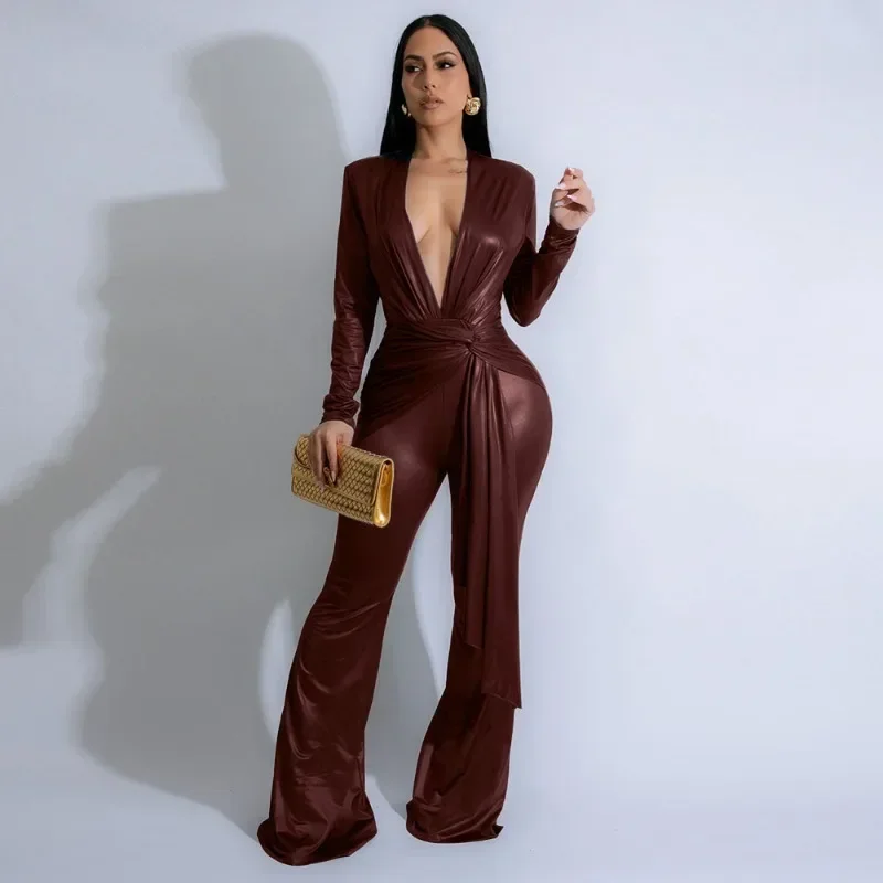 

GUWU Women Full Sleeve Sexy V-neck High Waist Straight Jumpsuits Ruched Ribbon Party Vintage Street One Piece Suit Romper