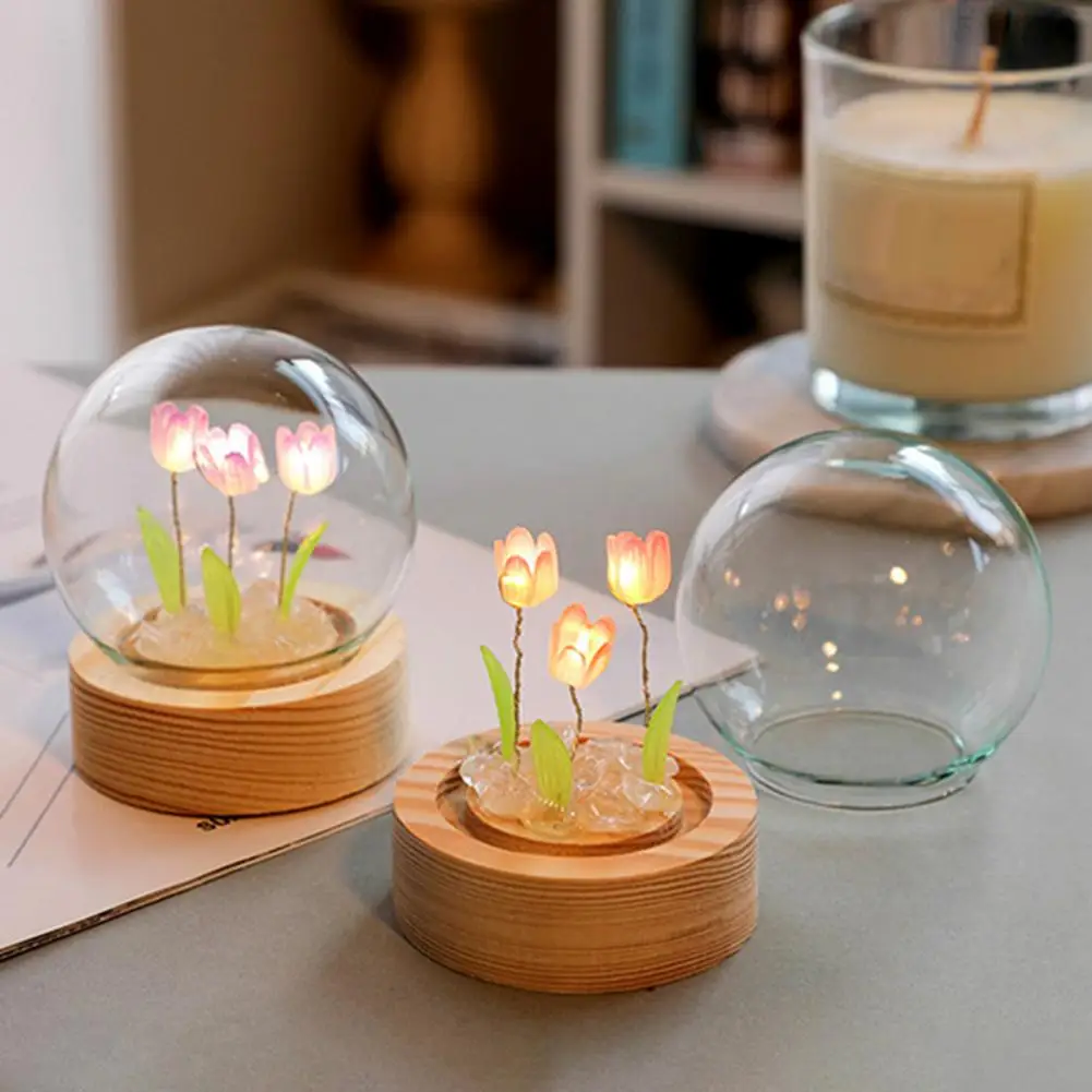Night Light DIY Craft Party Supplies1 Set Tulip Night Light Soft Lighting Wooden Base Realistic Battery-operated Easy Installati