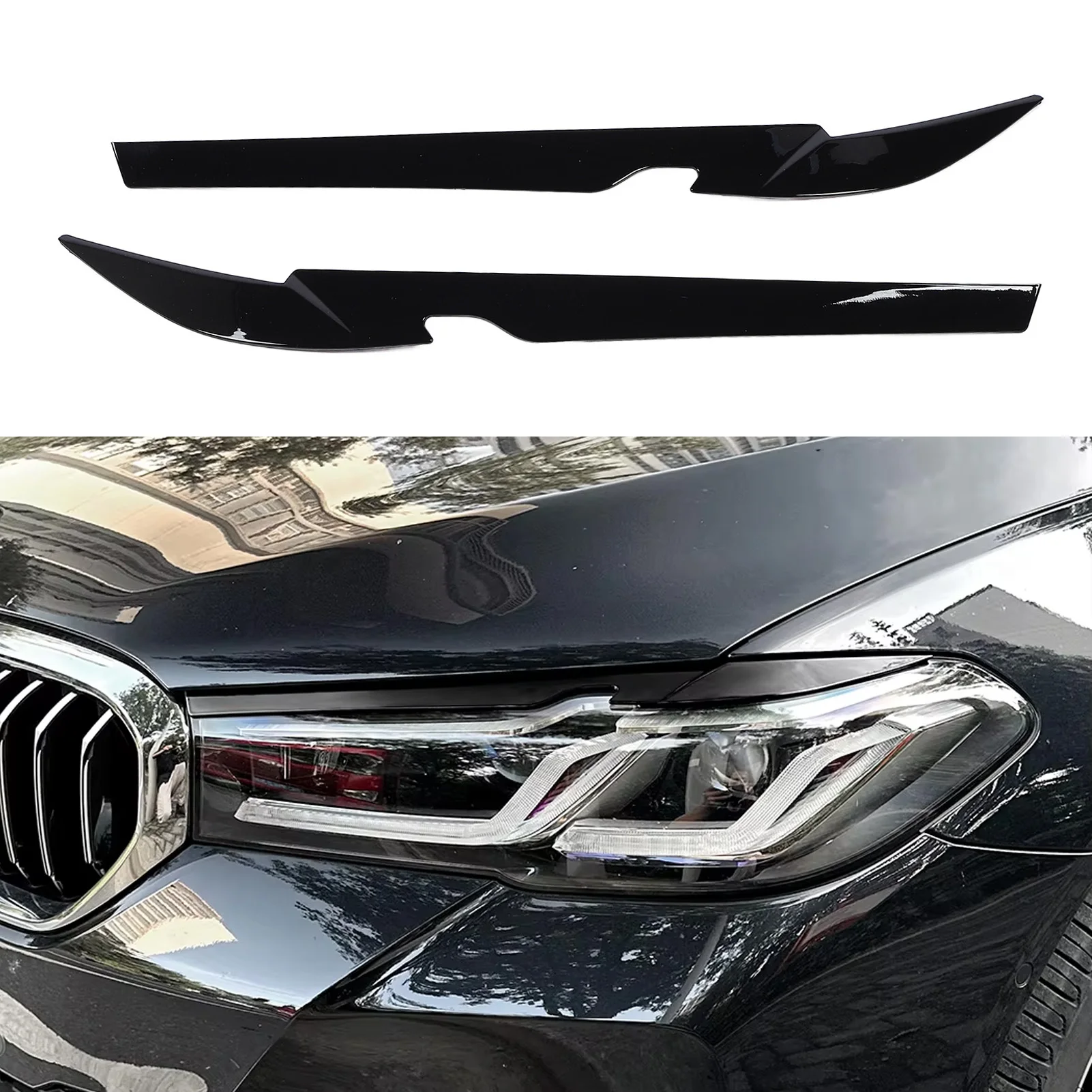

1 Pair Of Front Headlight Eyebrow Glossy Black Left Right Headlamp Eyelid Cover Trim For BMW 5 Series G30 G31 LCI 2021-2023
