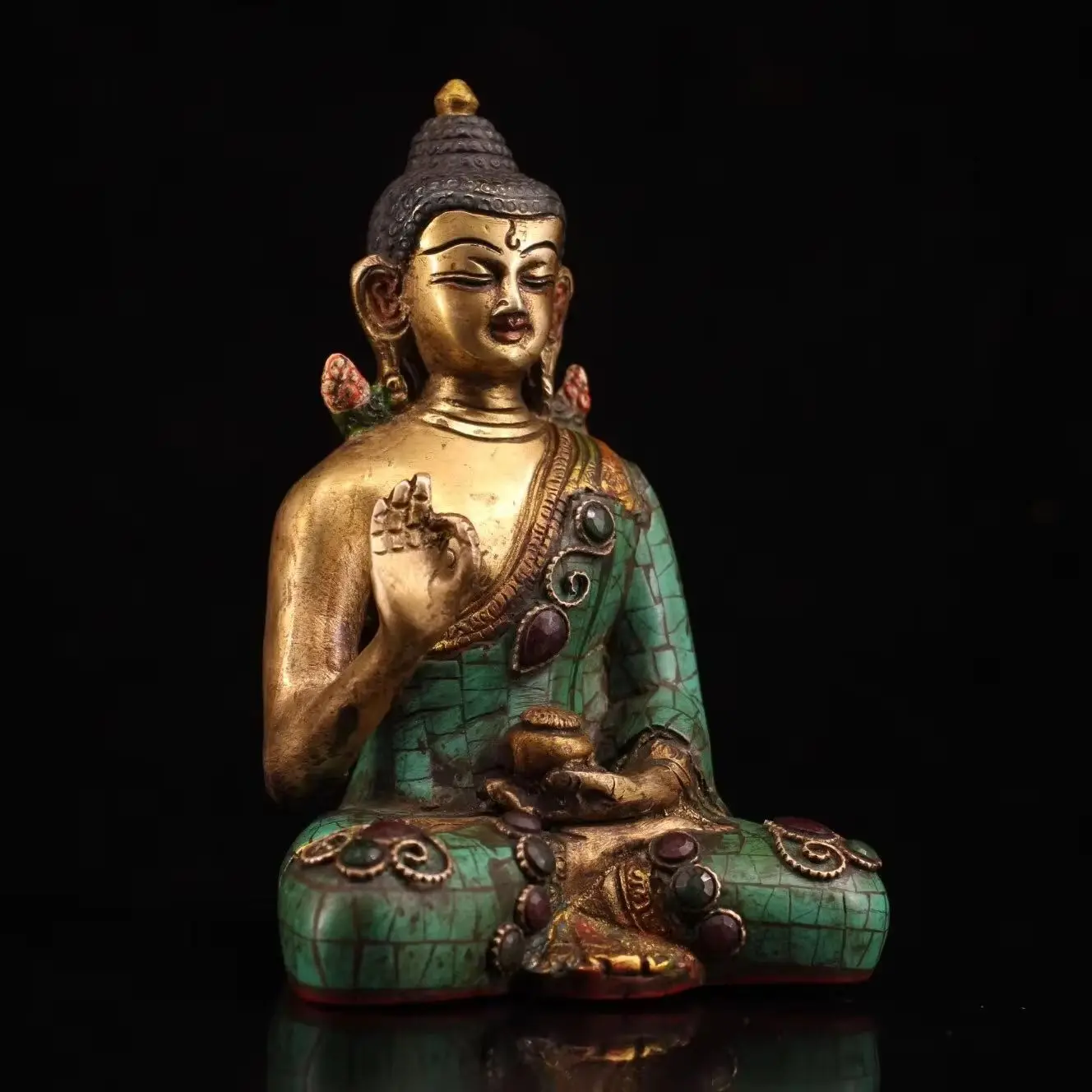 

6"Tibetan Temple Collection Old Bronze Outline in gold Mosaic Gem Shakyamuni Buddha Sitting Buddha Worship Hall Exorcism