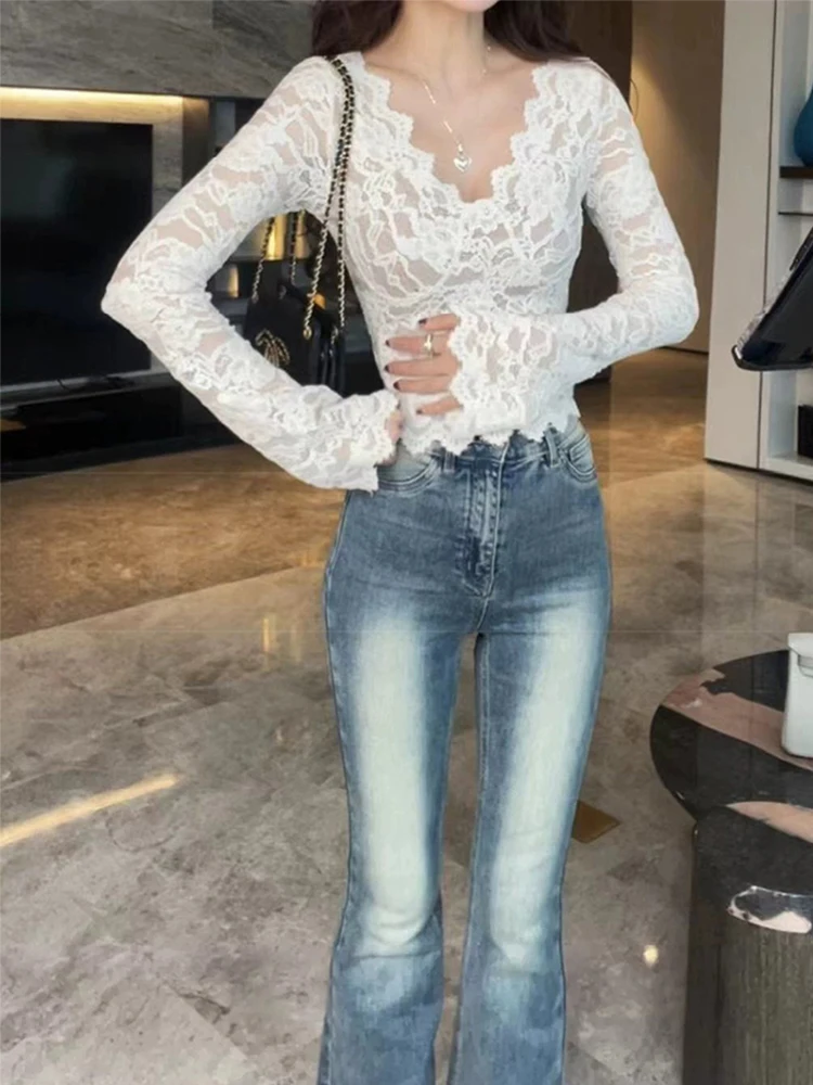 

Белый длинный свеч V-Ne с кружевной отделкой, облегающий топ, женский базовый топ, сексуальный, с цветочным принтом, осень-зима, корейский...