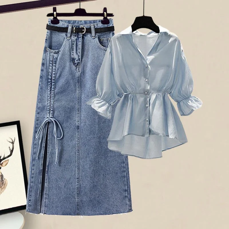 Large M-4xl Women's Spring And Summer Suit Fashionable Thin Age Reducing Shirt Short Sleeve Skirt Two Piece Set Women's Suit