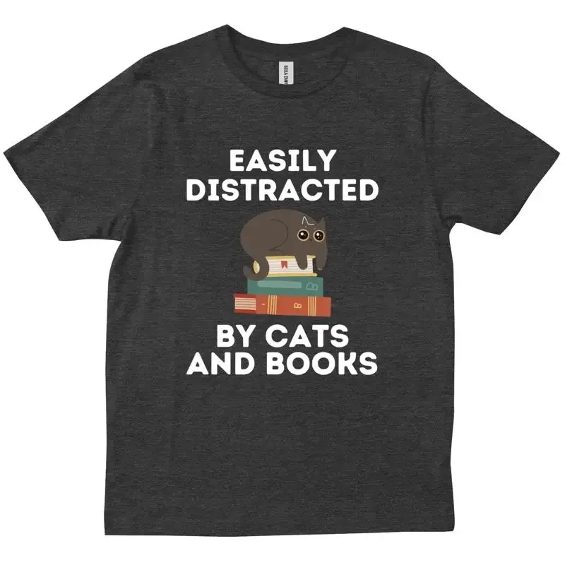 Funny Cat Easily Distracted By Cats And Books Pet Lovers Trendy New T shirt