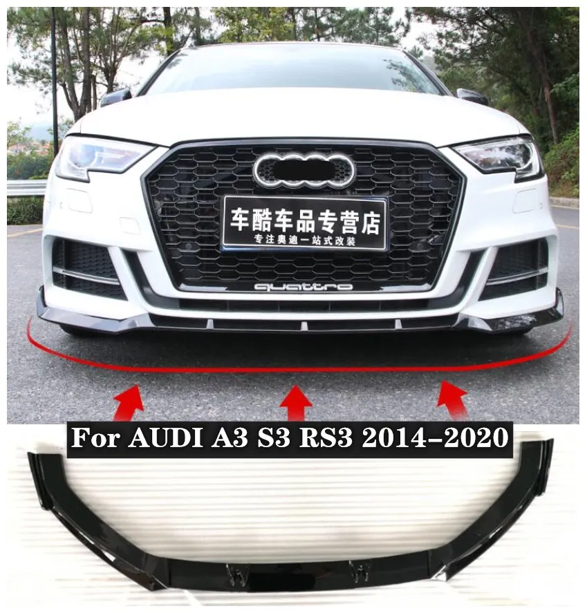 

Fits For AUDI A3 S3 2014-2020 3Pcs/1set ABS Black Car Bumper Front Lip Splitters Protector Cover