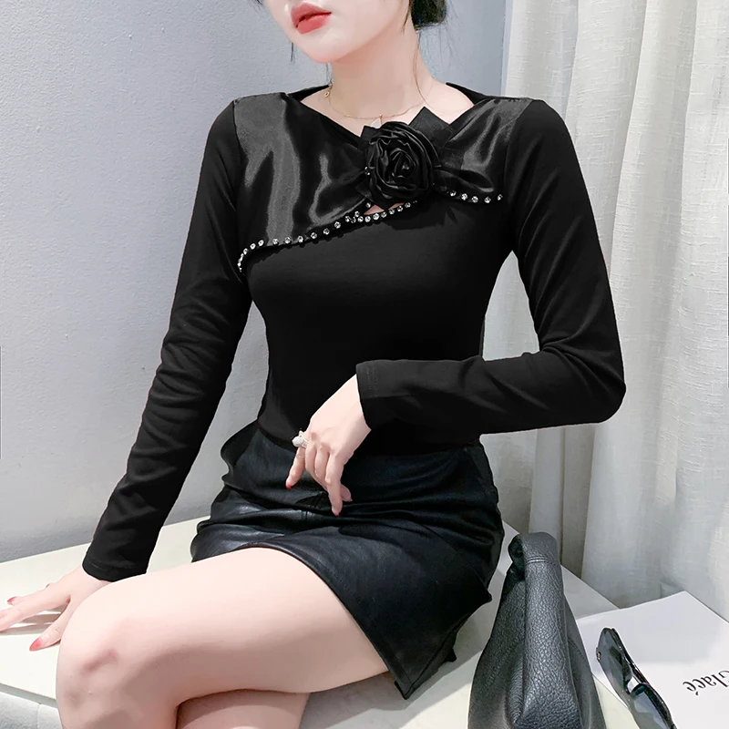 Black,Korean,Style,Winter,Cotton,T-shirt,Sexy,Diamonds,Three-dimensional,Flower,Women,Tops,Long Sleeve,Tees,2025,New,4112102