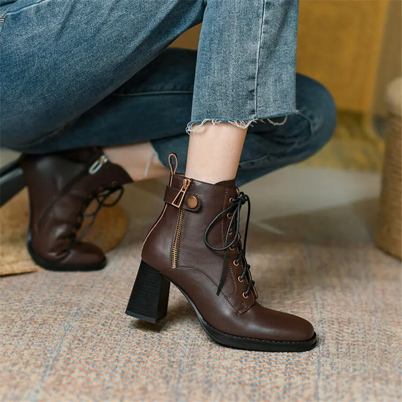 

2023 Autumn Winter Genuine Leather Women Boots Square Toe Lace-up Women Shoes Chunky Heels Shoes for Women Side Zipper High Heel