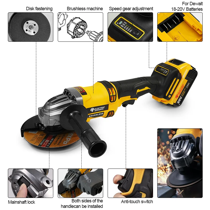 Image 4: Meuleuse d'angle électrique sans fil 125 mm, outil de polissage et de meulage électrique sans balais, compatible avec la batterie Dewalt 20V.