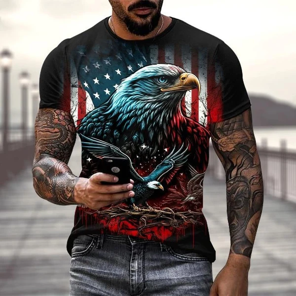 2023 American Flag T-Shirt Bald Eagle 3D Printing Men\'s T-Shirt Street Hip Hop Fashion Oversized Men\'s Tops