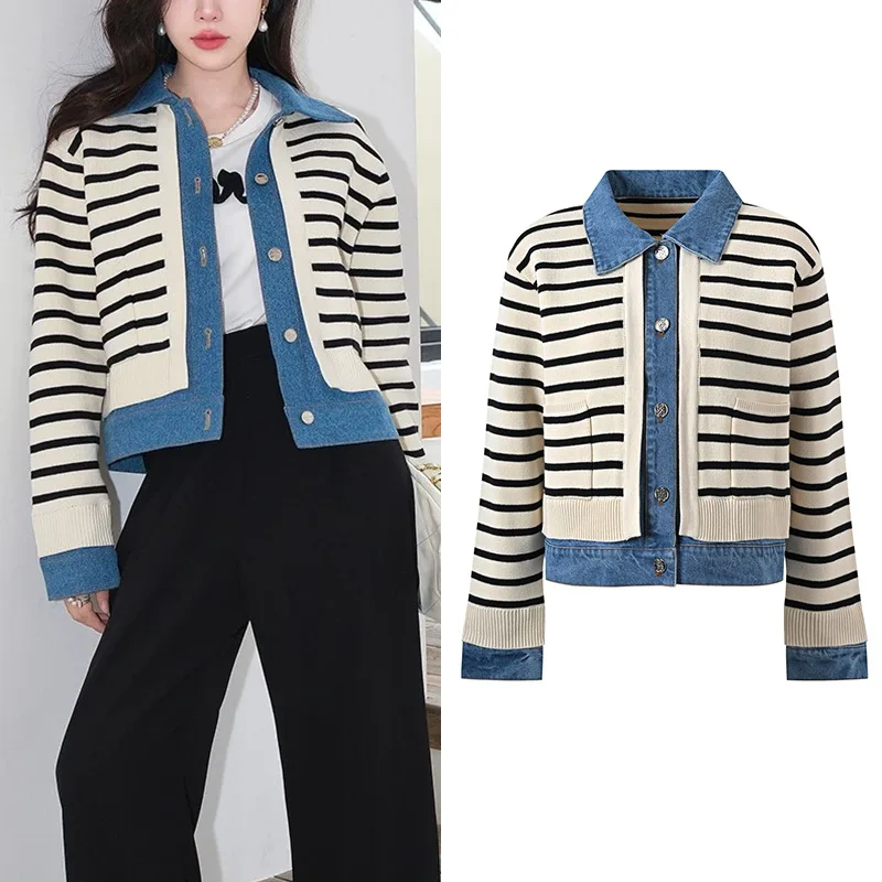 

Fall 2024 Denim Patchwork irt Collar Color Blo Striped Knitted ort Outerwear Women's Faion Bright Tead Cardigan