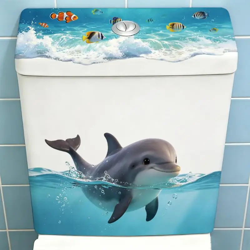 Cute Dolphin Toilet Tank Sticker Ocean Wave Vinyl Decal For Bathroom Decor Adhesive Home Decoration Accessories