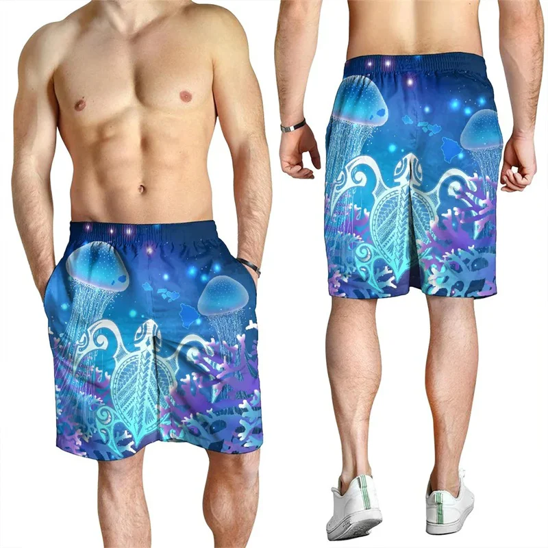 Turtle Jellyfish Coral Men's Shorts Hawaii Beach Short Trunks Polynesian Swim Trunks Gym Ice Shorts Boy Board Shorts Pants Ropa