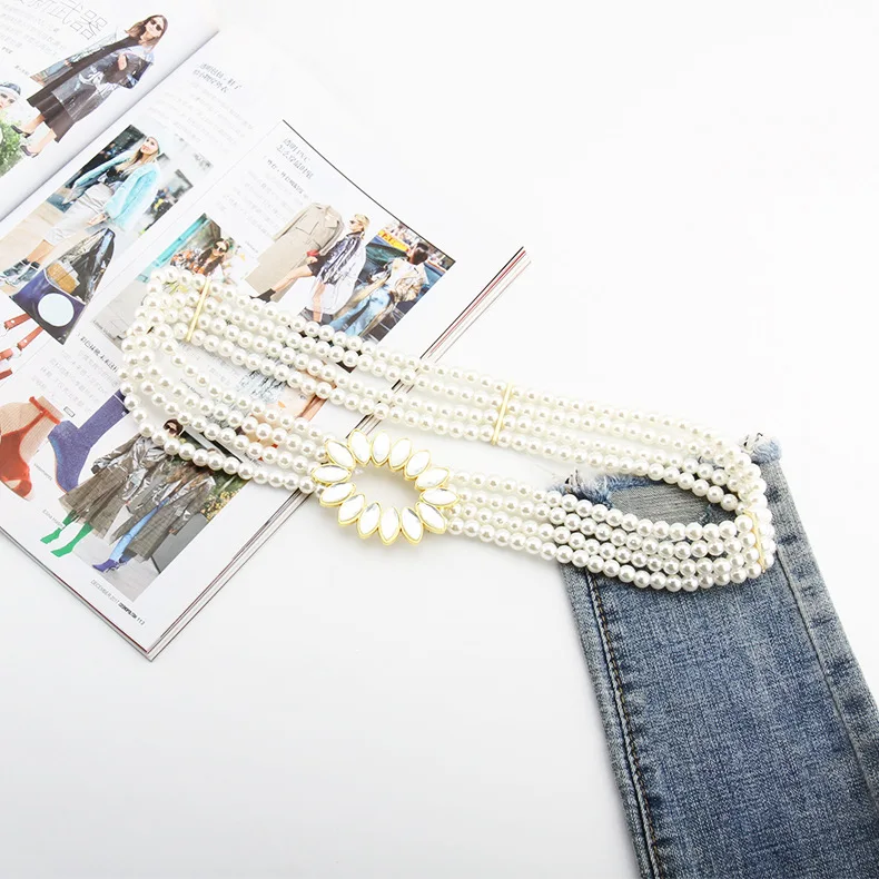 

Ladies Dress Decoration Korean Fashion Versatile Four Rows High Quality Pearl Elastic Elastic Flash Diamond Belt Waist Chain