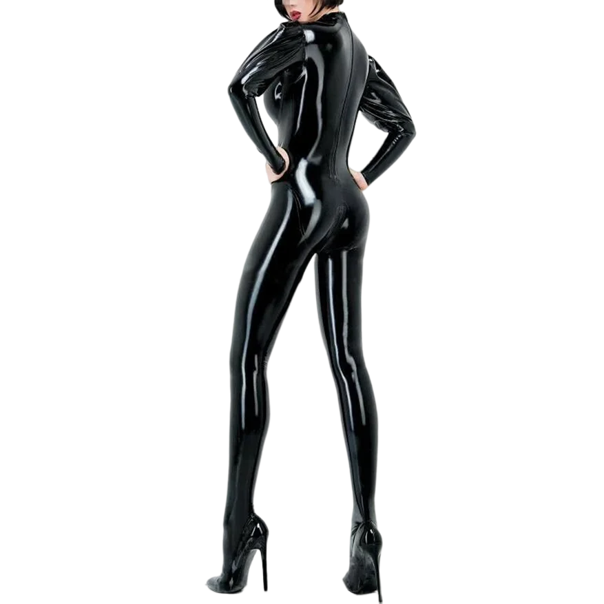 Sexy Latex Women Men Gummi Catsuit 3D Chest Rubber Coverall Bodysuit with Puff Sleeves Handmade Jumpsuit Clothing S-LC371