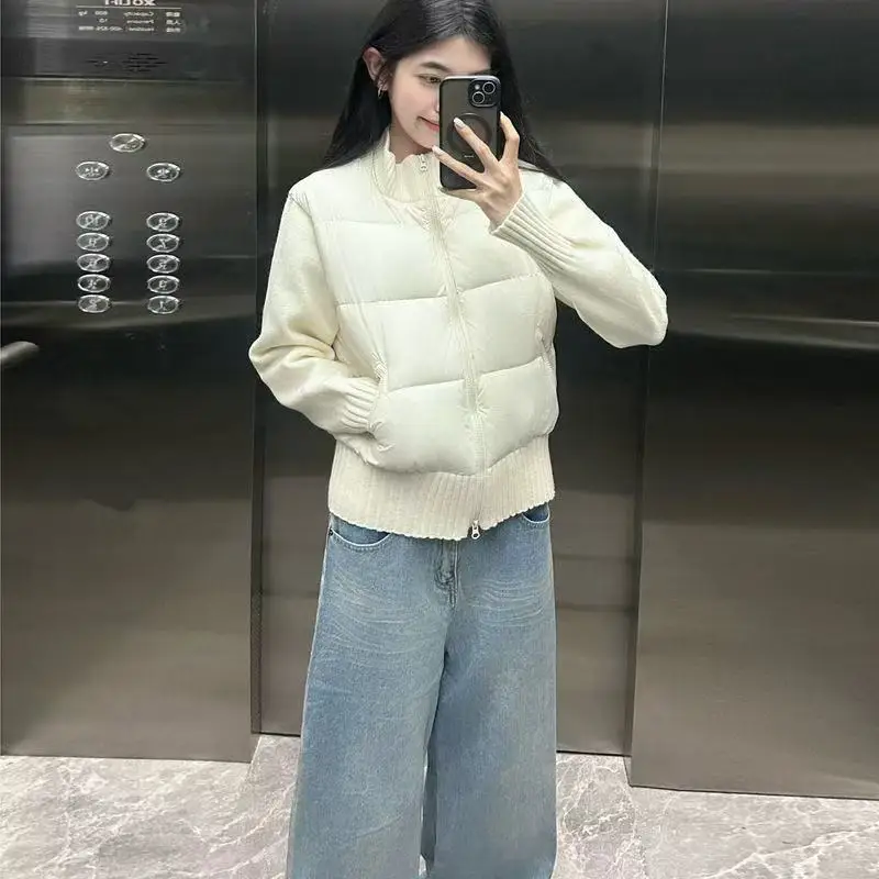 

Корейская вязаная пуховая куртка с хлопковой подкладкой, женская осень-зима 2025, новое короткое свободное пальто с воротником-стойкой на молнии, розовое, серое пальто