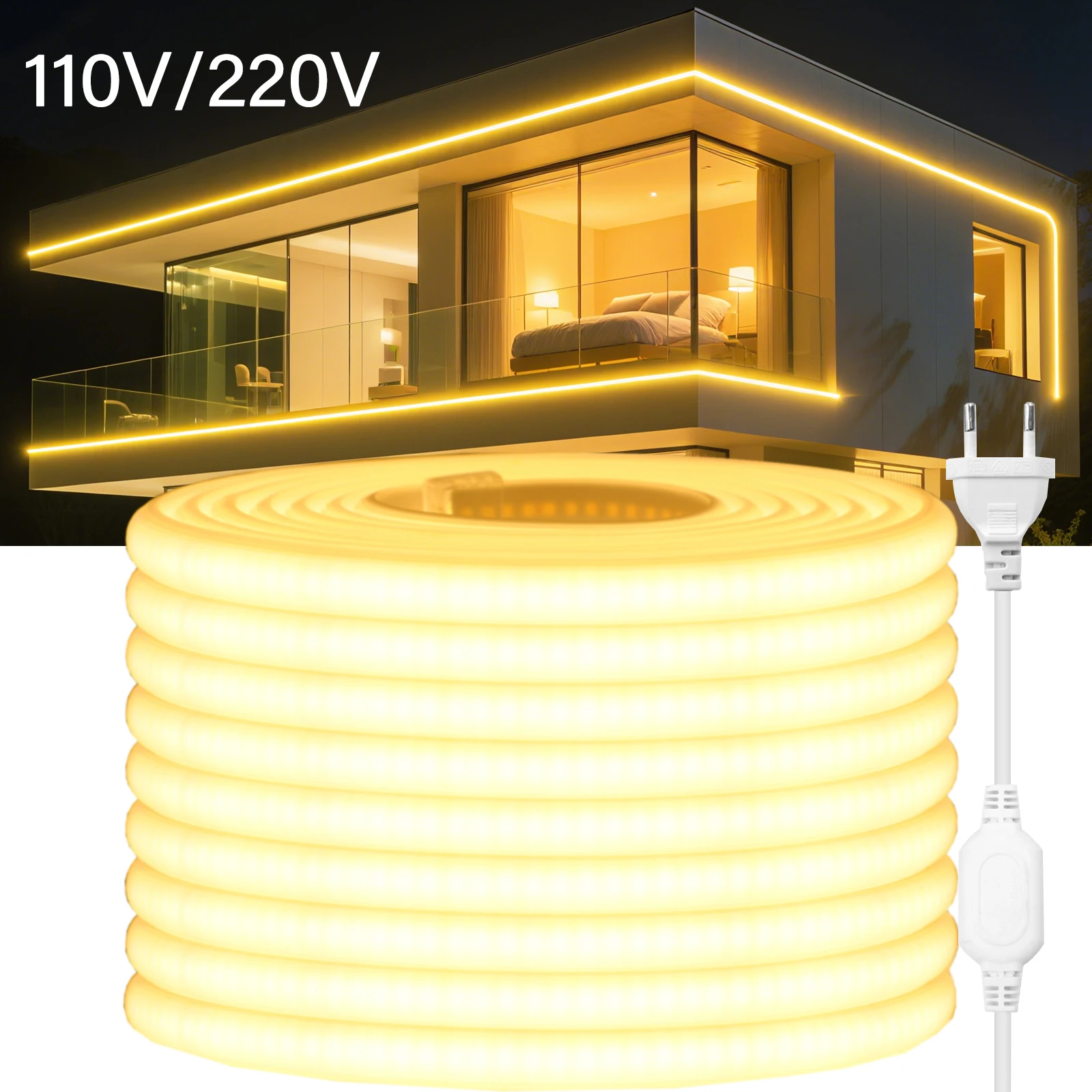 

Светодиодная лента высокой яркости 220 В 110 В COB с вилкой ЕС, Великобритании, США, уличные водонепроницаемые гибкие неоновые огни для кухни, комнаты, сада